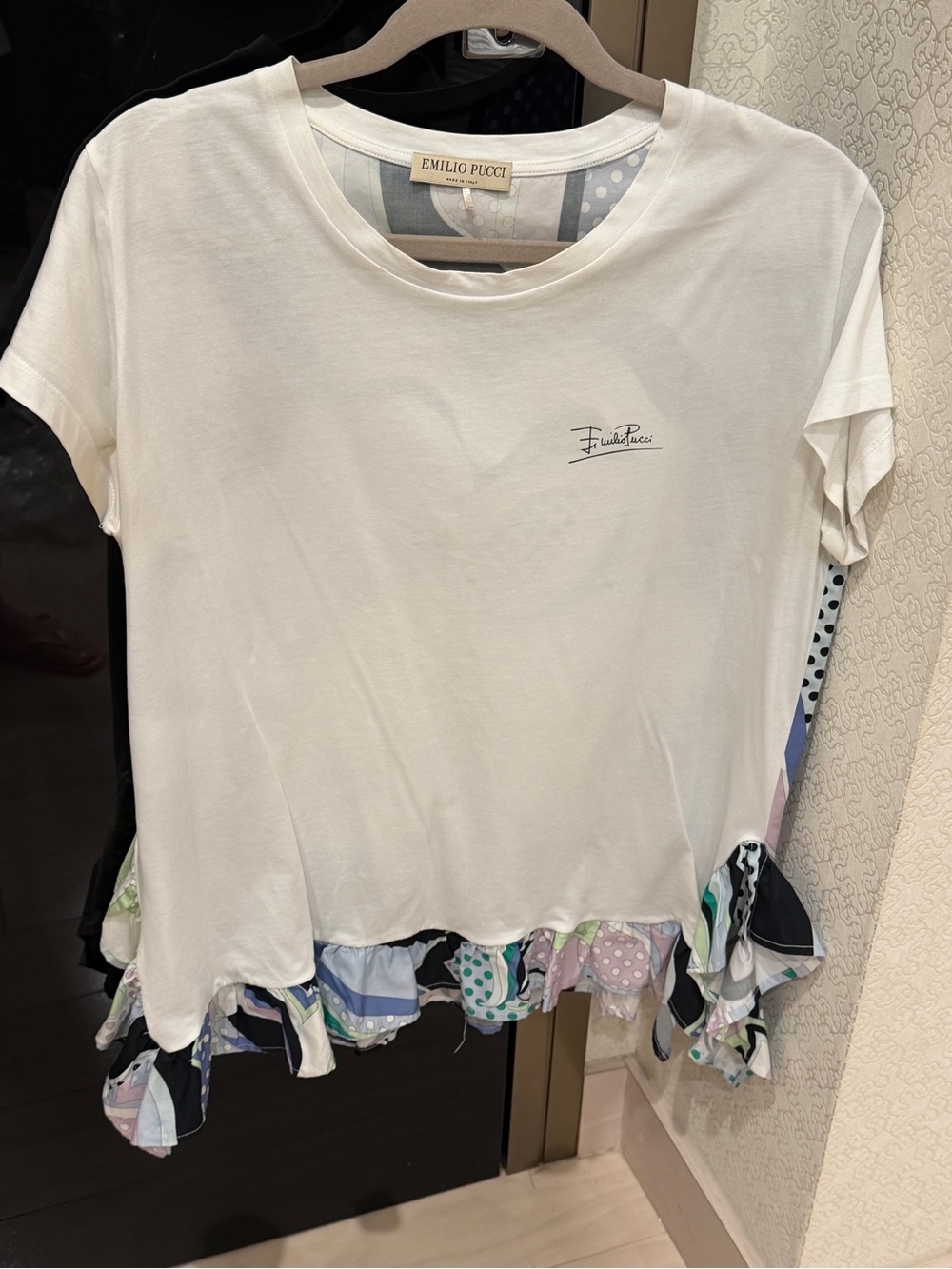 Emilio Pucci White Ruffle-Hem Cotton Tee Sz M